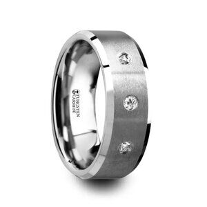 Tungsten 8mm Featuring 3=.10ctw Diamonds With A Satin Finish & Beveled Sz 13